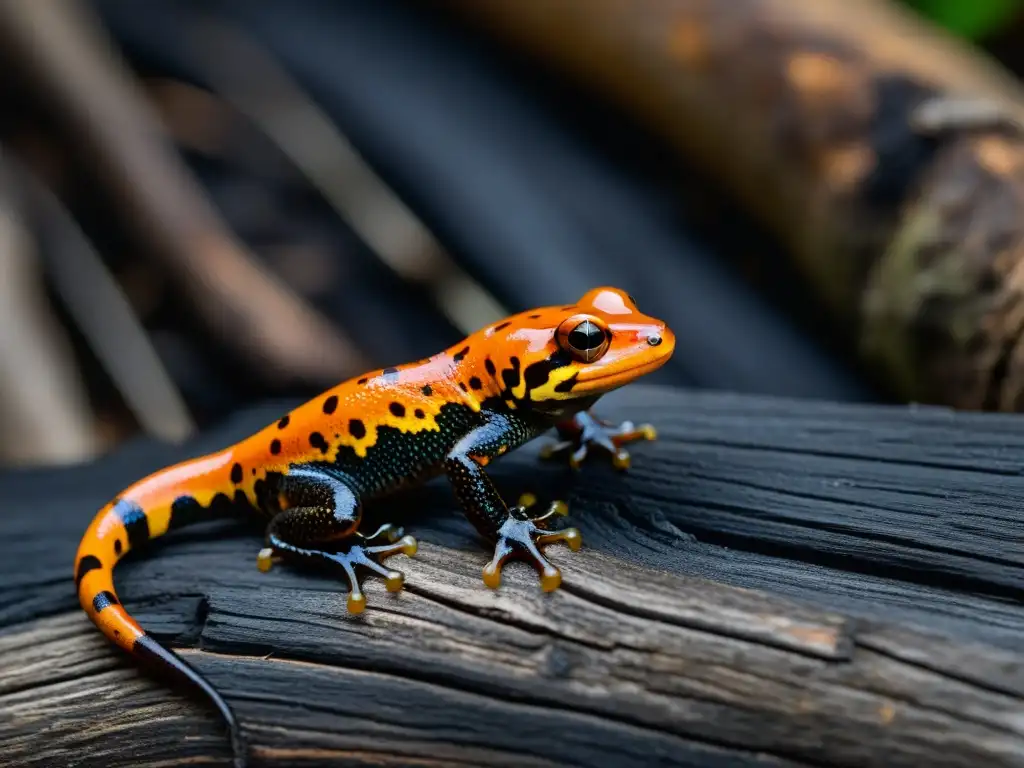 Una salamandra vibrante de colores intensos sobre madera quemada