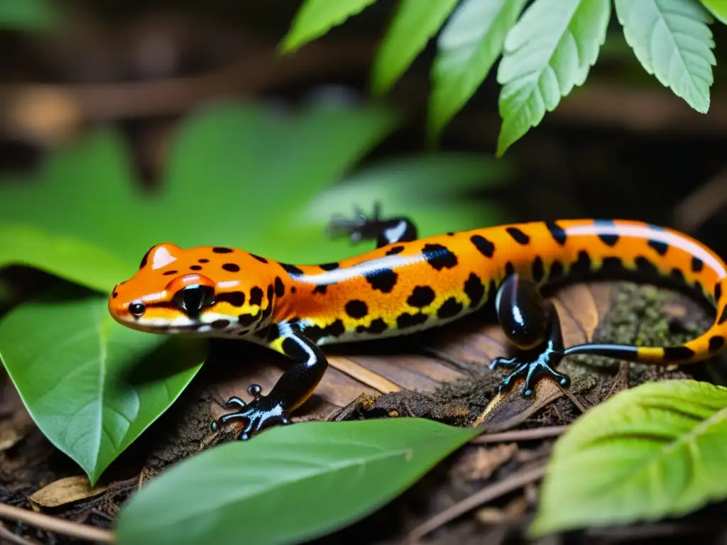 Una salamandra vibrante se camufla en la exuberante maleza del bosque