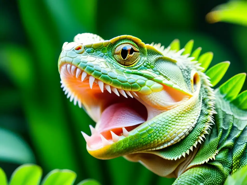 La seguridad de las coles para reptiles se muestra en detalle, con la lengua de un reptil capturando una hoja verde