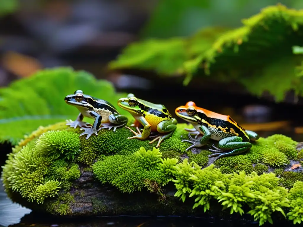 Selección natural: grupo de anfibios en diversidad de colores y patrones, camuflados en su hábitat natural entre musgo, hojas y ramas caídas