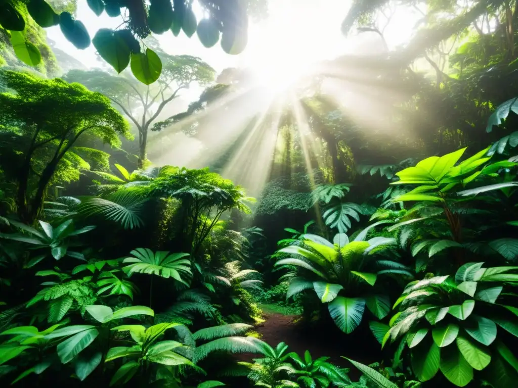 Selva africana exuberante con árboles altos, follaje vibrante y luz solar entre el dosel