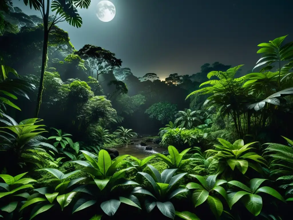 Una selva oscura y exuberante iluminada por la misteriosa luz de la luna, hogar de los anfibios elusivos del planeta