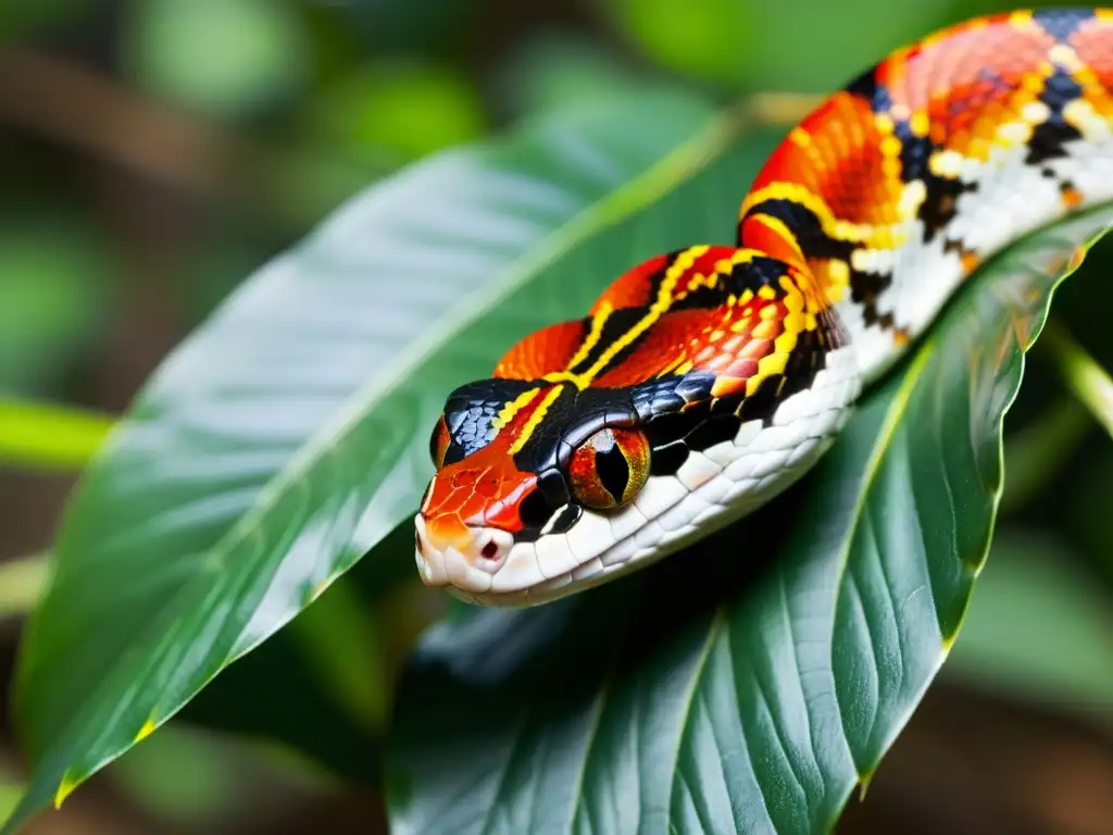 Una serpiente de maíz muestra su adaptabilidad en su entorno natural, con escamas rojas, naranjas y negras en detalle