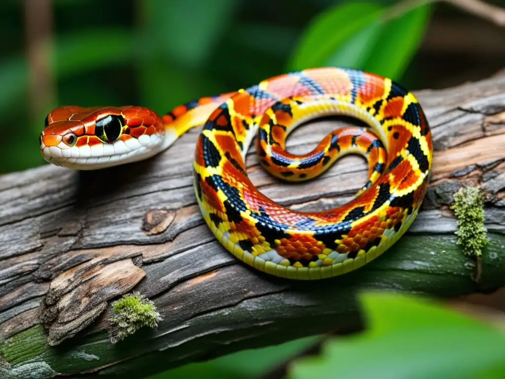 Una serpiente de maíz adaptable se enrosca alrededor de una rama en su hábitat natural