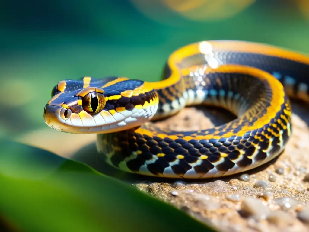 Una serpiente de agua dulce se desliza grácilmente entre plantas acuáticas, mostrando sus patrones y escamas