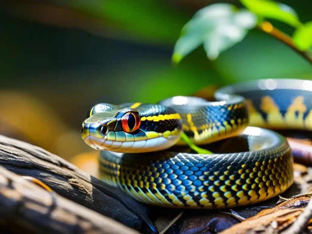 Una serpiente de agua dulce se enrosca en una rama en un arroyo cristalino, mostrando sus escamas y colorido vibrante