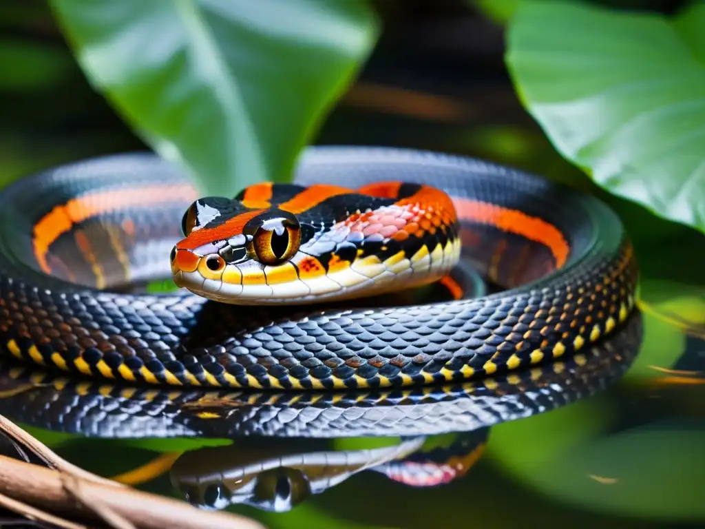 Una serpiente de agua dulce de vibrante color rojo y negro se desliza grácilmente en aguas cristalinas, mostrando la belleza y elegancia de estos animales, en su hábitat natural