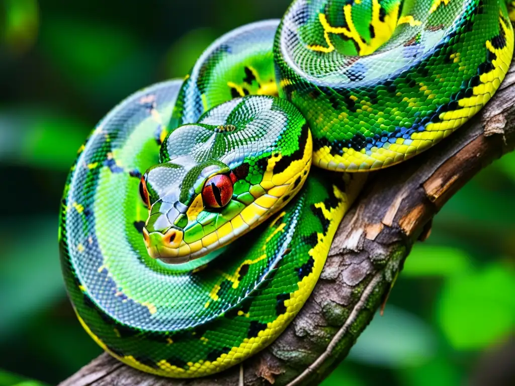 Una serpiente pitón de árbol verde vibrante en primer plano, con escamas y ojos nítidos