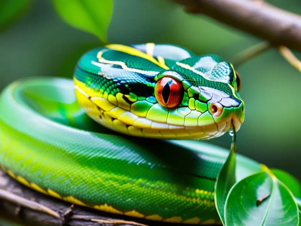 Una serpiente de árbol verde vibrante en su hábitat natural, capturando una gota de agua con su lengua