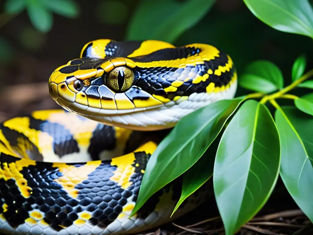 Una serpiente pitón birmana se desliza entre la maleza, sus vibrantes escamas brillando al sol