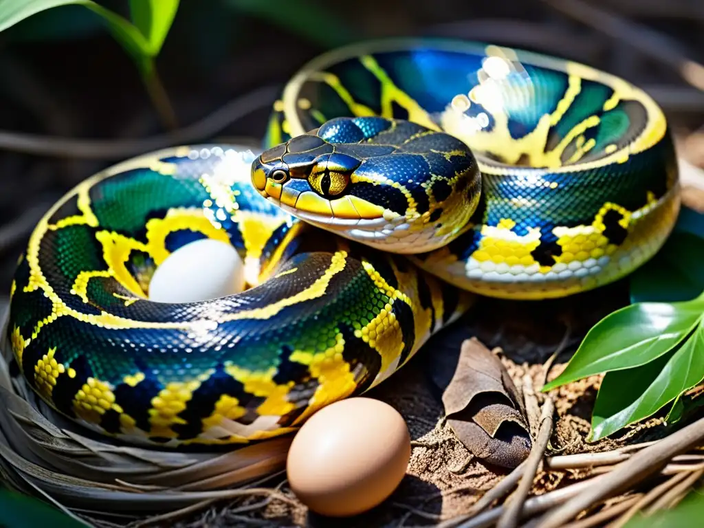 Una serpiente pitón birmana rodea cuidadosamente su nidada de huevos en un bosque