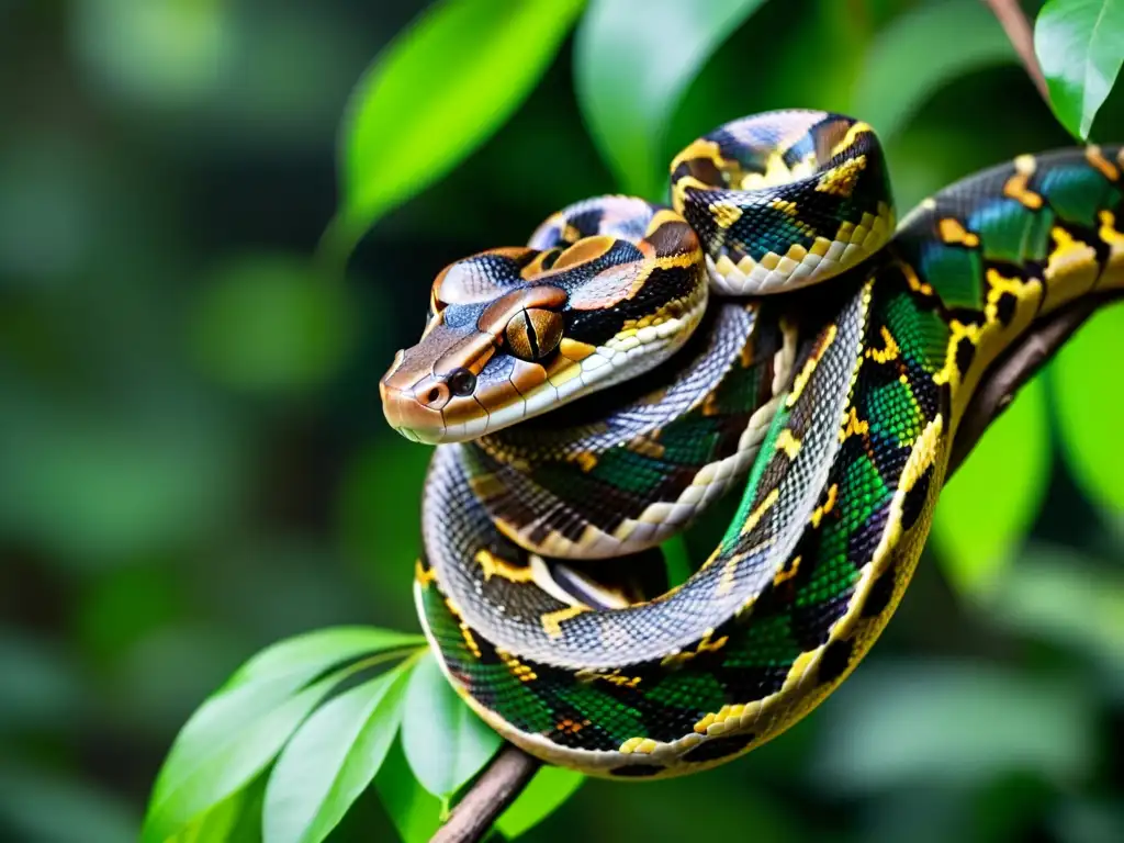 Una serpiente boa constrictora enroscada en una rama en la exuberante selva tropical