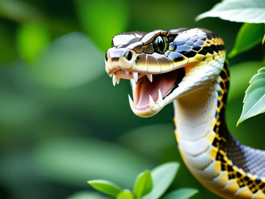 Una serpiente con la boca abierta en plena digestión, rodeada de vegetación