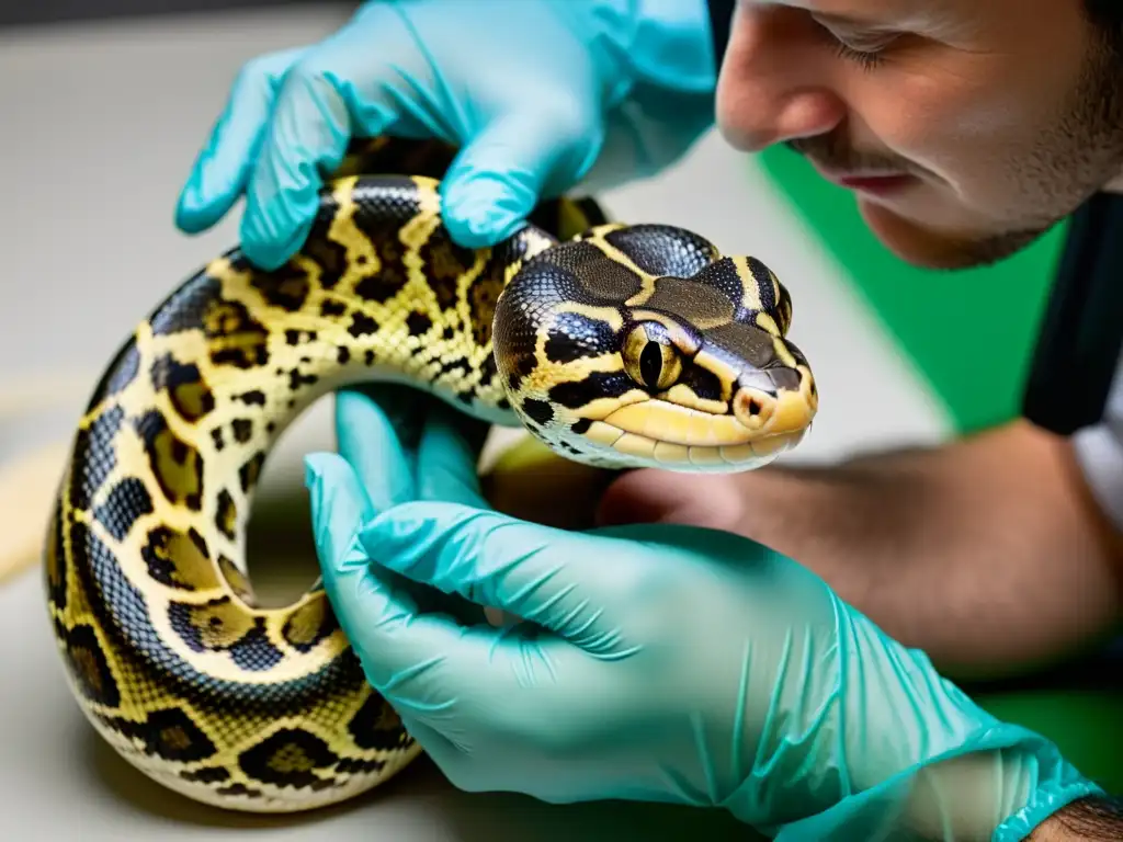 Veterinario examina con precisión a una serpiente bola para tratamiento de impactación en reptiles