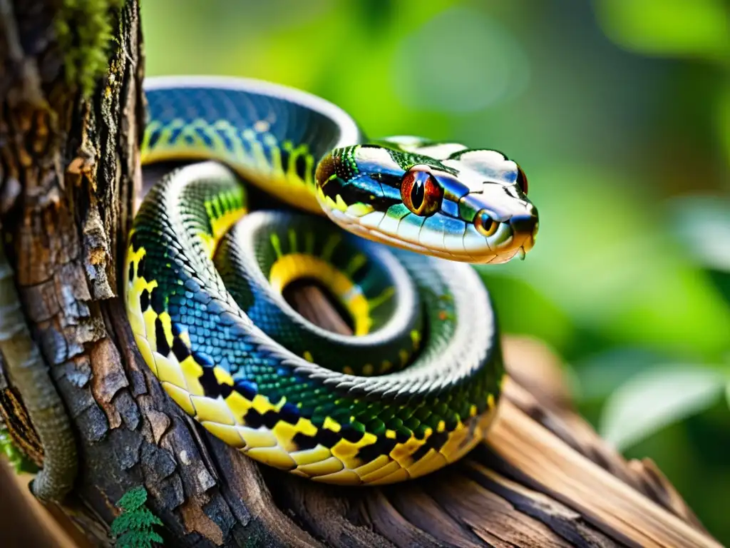 Una serpiente camuflada en un árbol, con escamas brillantes bajo el sol