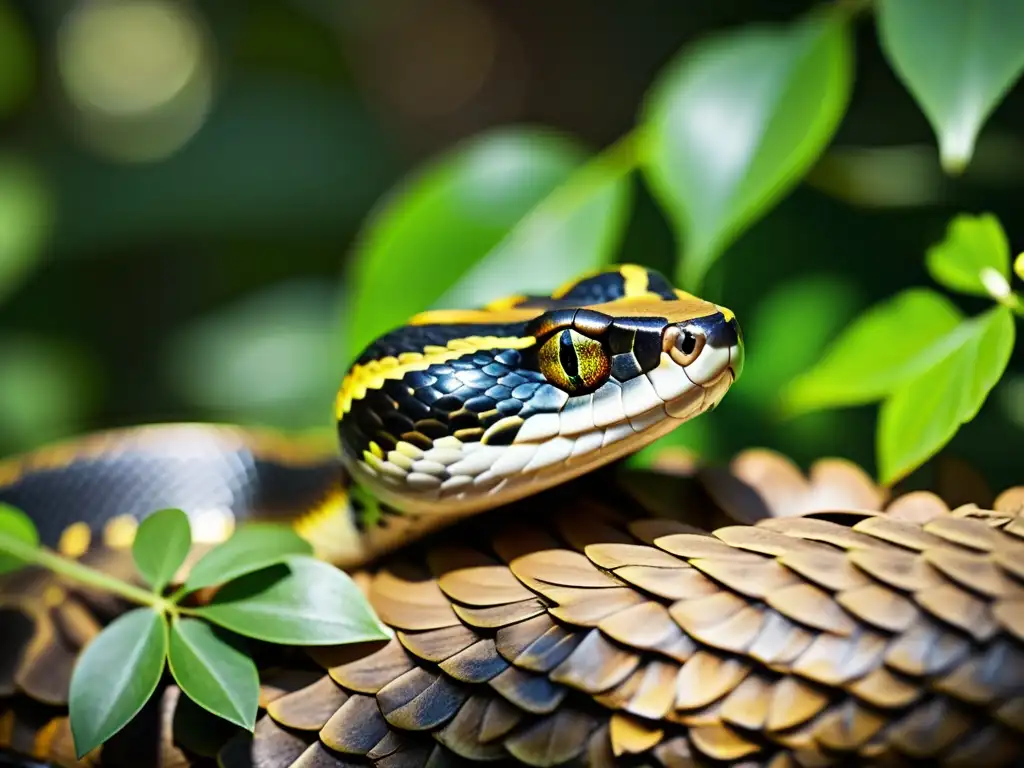 Una serpiente camuflada en su entorno natural, con escamas detalladas y ojos alertas