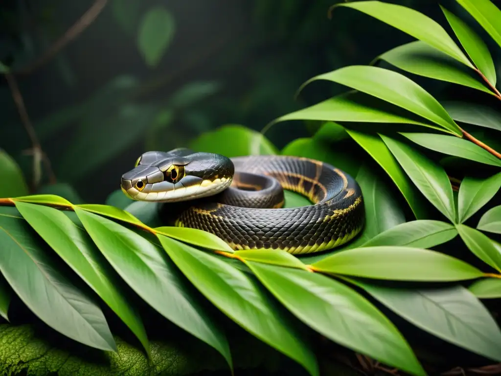 Una serpiente camuflada entre hojas y ramas en la selva oscura de noche, reflejando la luz lunar