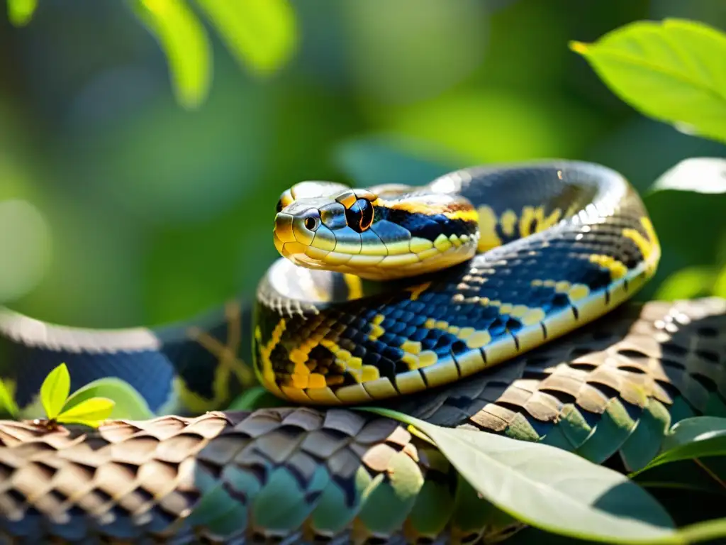 Una serpiente camuflada se desliza entre la maleza, mostrando técnicas avanzadas de seguimiento en su hábitat natural