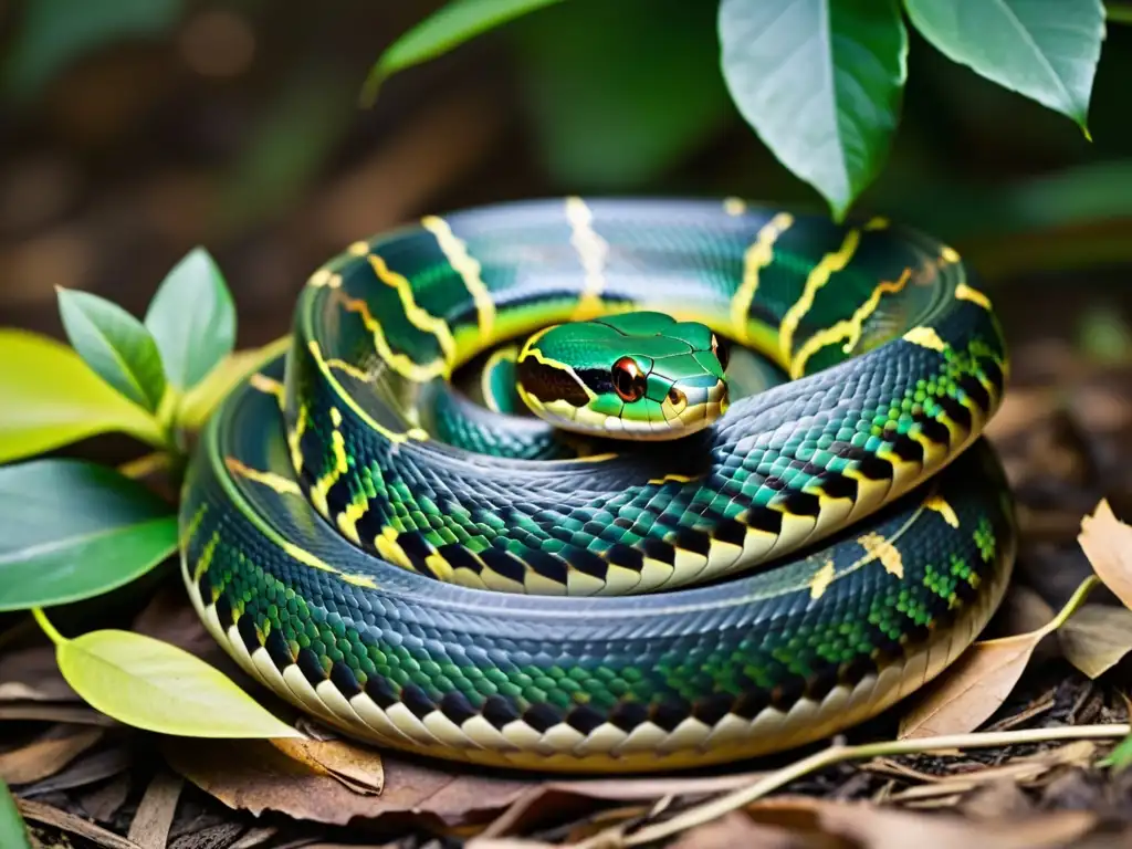 Una serpiente camuflada en el suelo del bosque, lista para cazar con su lengua bifurcada