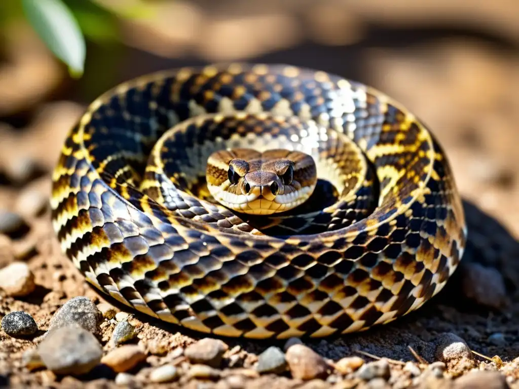 Una serpiente de cascabel enroscada, con escamas brillantes al sol, mirada intensa