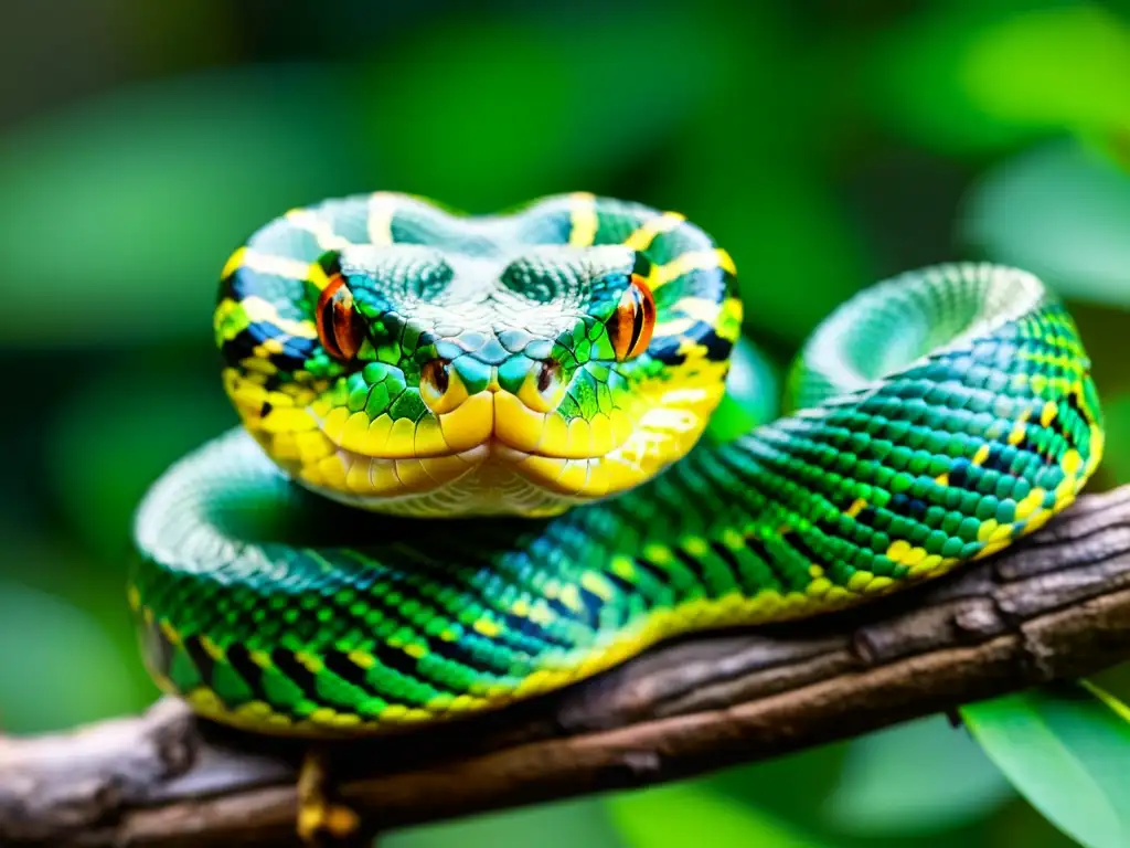 Una serpiente de cascabel verde vibrante enroscada en una rama, lista para atacar