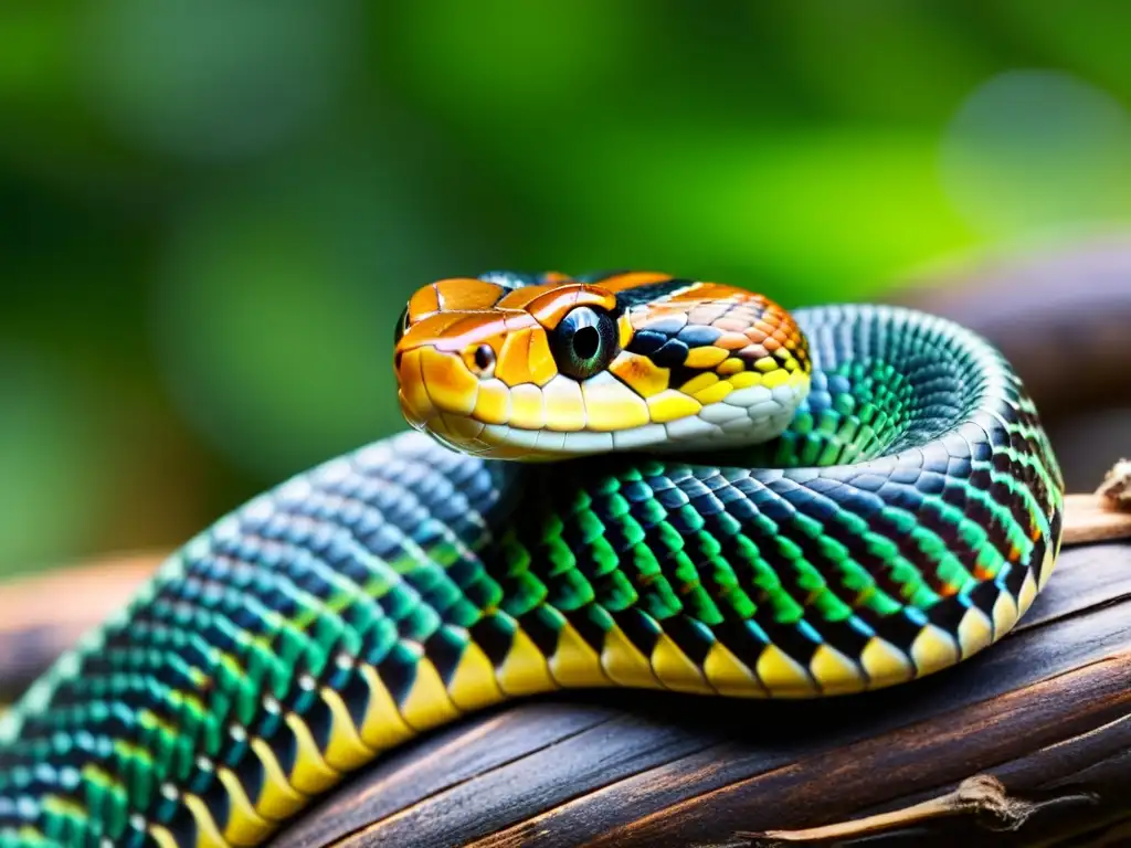 Una serpiente cautiva enriquecida se enrosca alrededor de una rama, mostrando patrones y texturas detallados en sus escamas