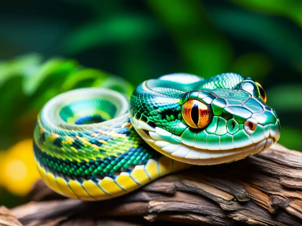 Una serpiente cautivadora enriqueciendo su entorno en cautiverio con sus colores iridiscentes, texturas y mirada hipnótica