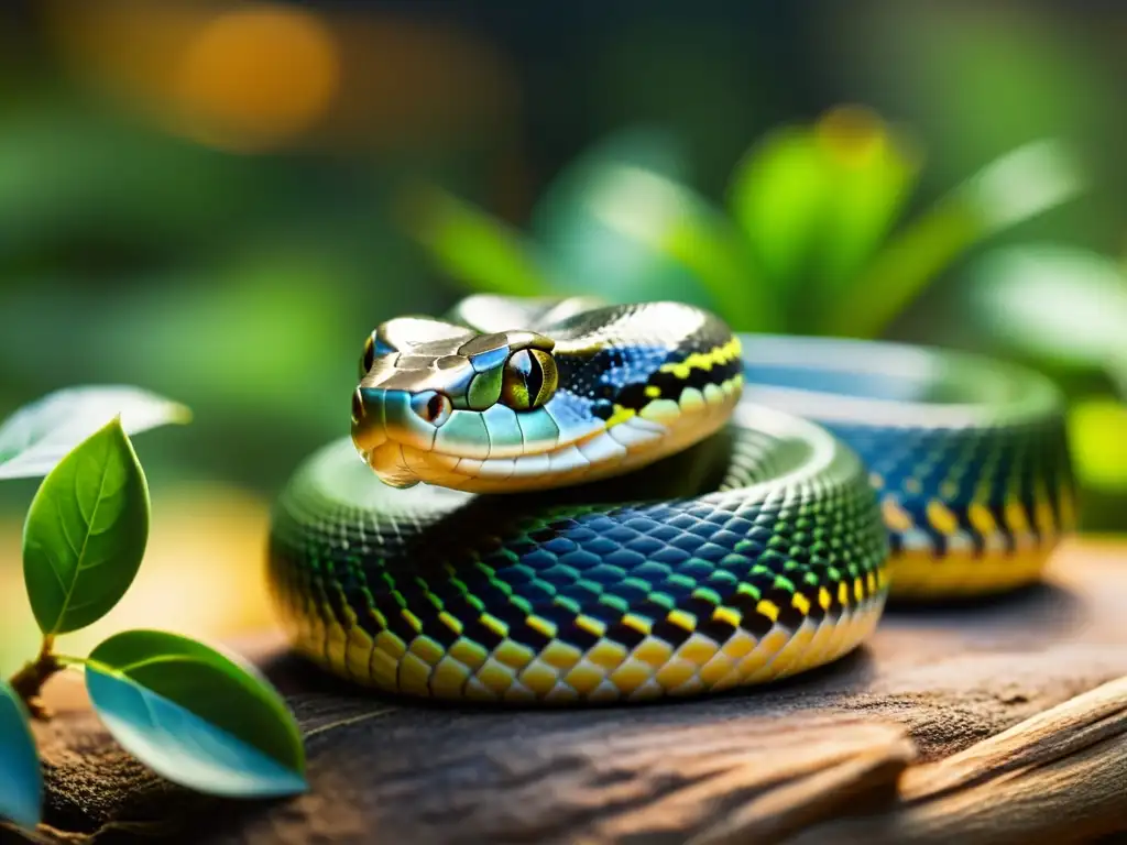 Una serpiente en cautiverio se enrosca alrededor de una rama en su terrario, con sus escamas brillando a la luz cálida