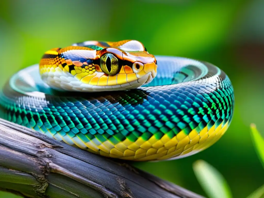 Una serpiente colorida enroscada en una rama, con patrones y texturas detalladas