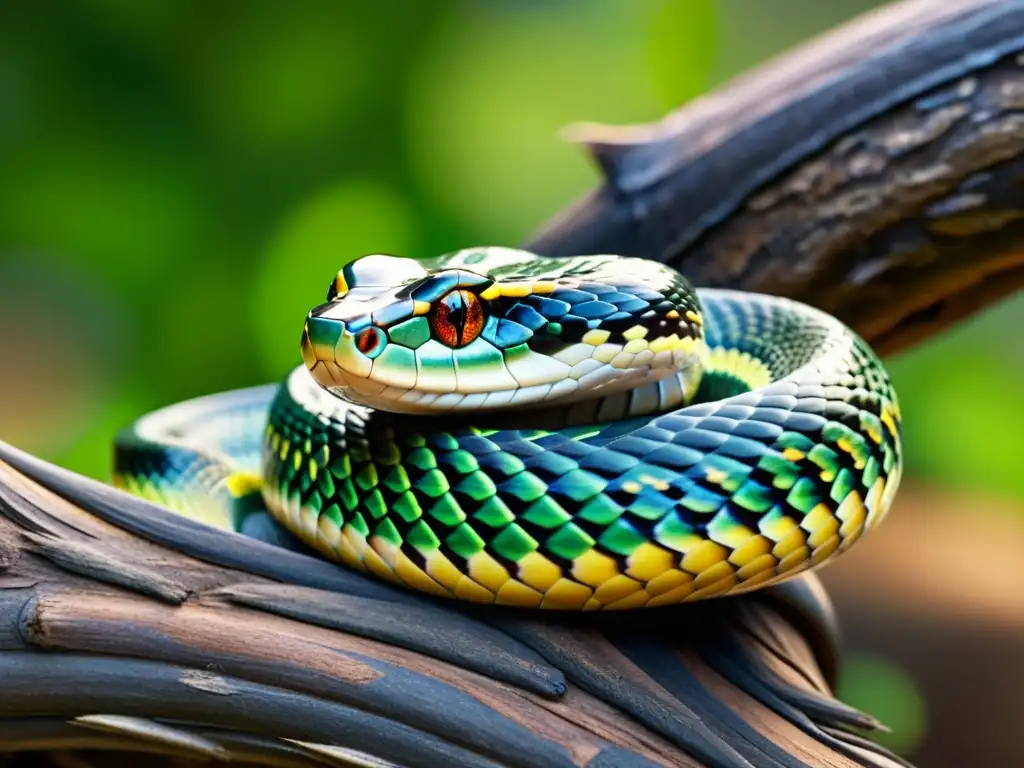 Una serpiente colorida enroscada en una rama, mostrando el impacto de la moda en las poblaciones de serpientes y su entorno natural