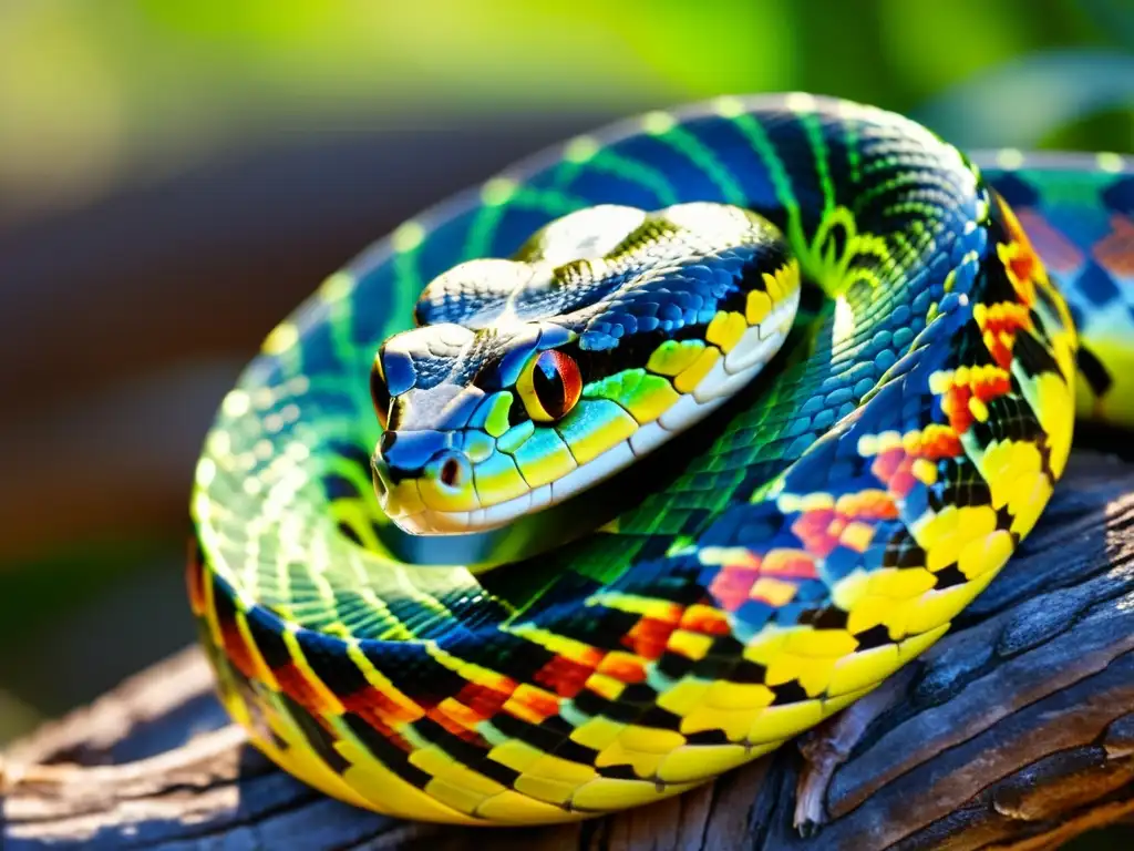 Una serpiente colorida enroscada en una rama, sus escamas relucen al sol