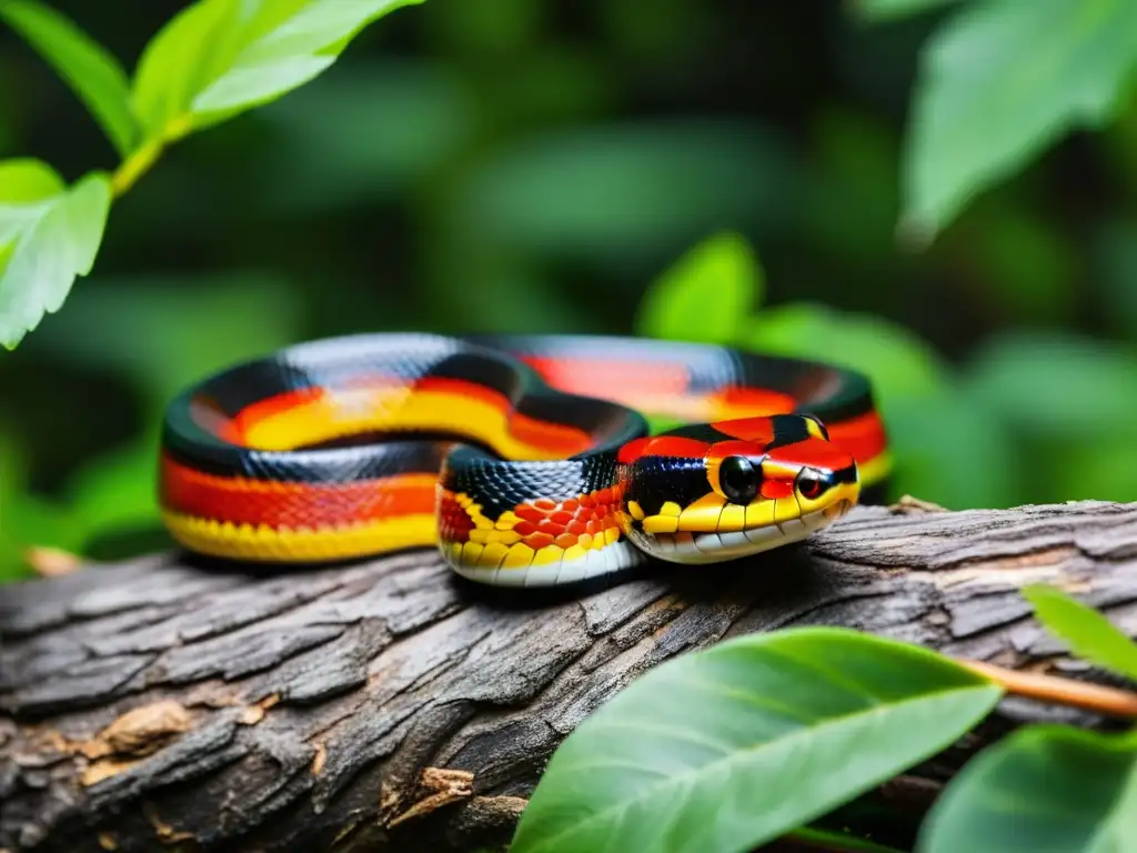 Una serpiente coral de colores vibrantes se desliza entre la maleza, exhibiendo simbiosis defensiva en reptiles