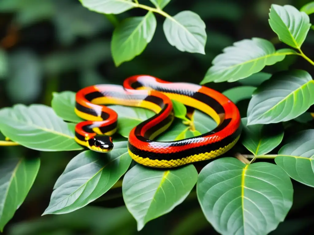 Una serpiente coral de vivos colores se desliza entre exuberante vegetación, mostrando su patrón único