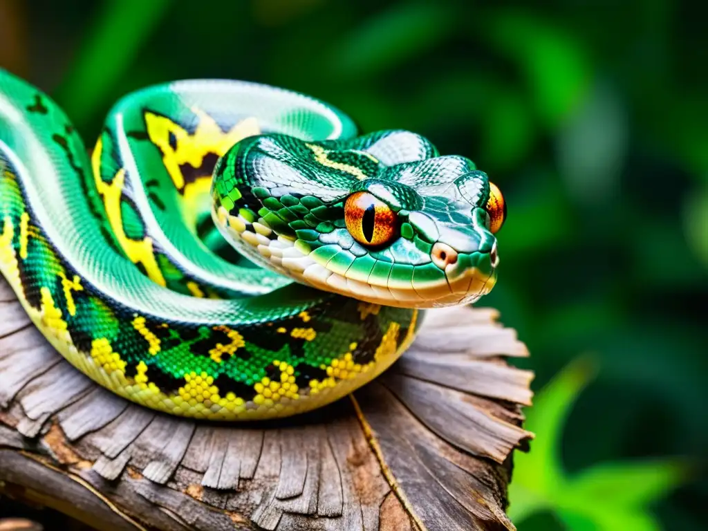 Una serpiente boa esmeralda arborícola exhibiendo sus deslumbrantes ojos dorados y escamas detalladas, iluminada por la luz filtrada en la selva