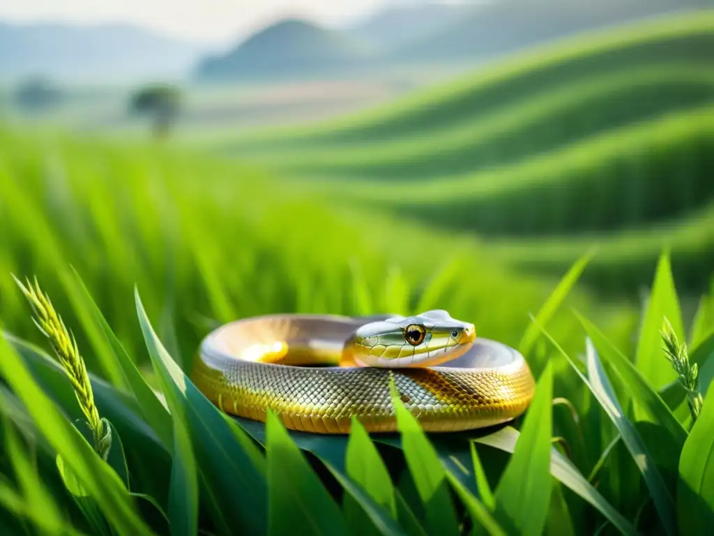 Una serpiente dorada se desliza por un campo verde exuberante, sus escamas brillando bajo el sol mientras navega graciosamente entre la alta hierba