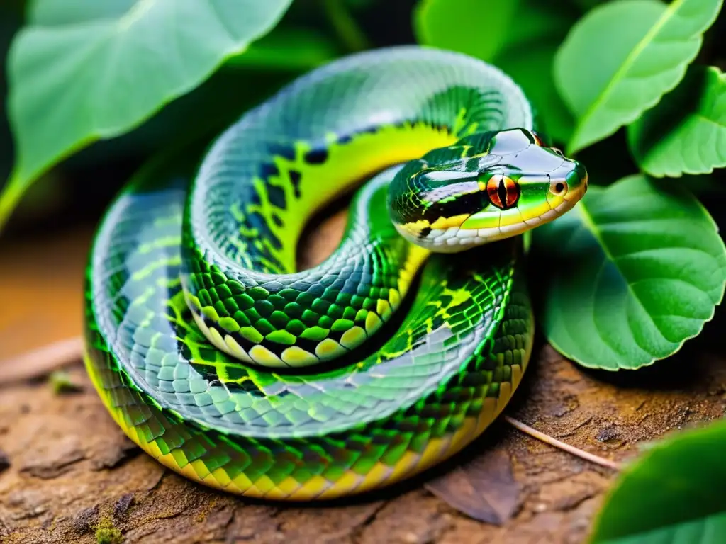 Una serpiente enredada en una enredadera verde, ilustra la compleja relación entre reptiles y plantas tóxicas