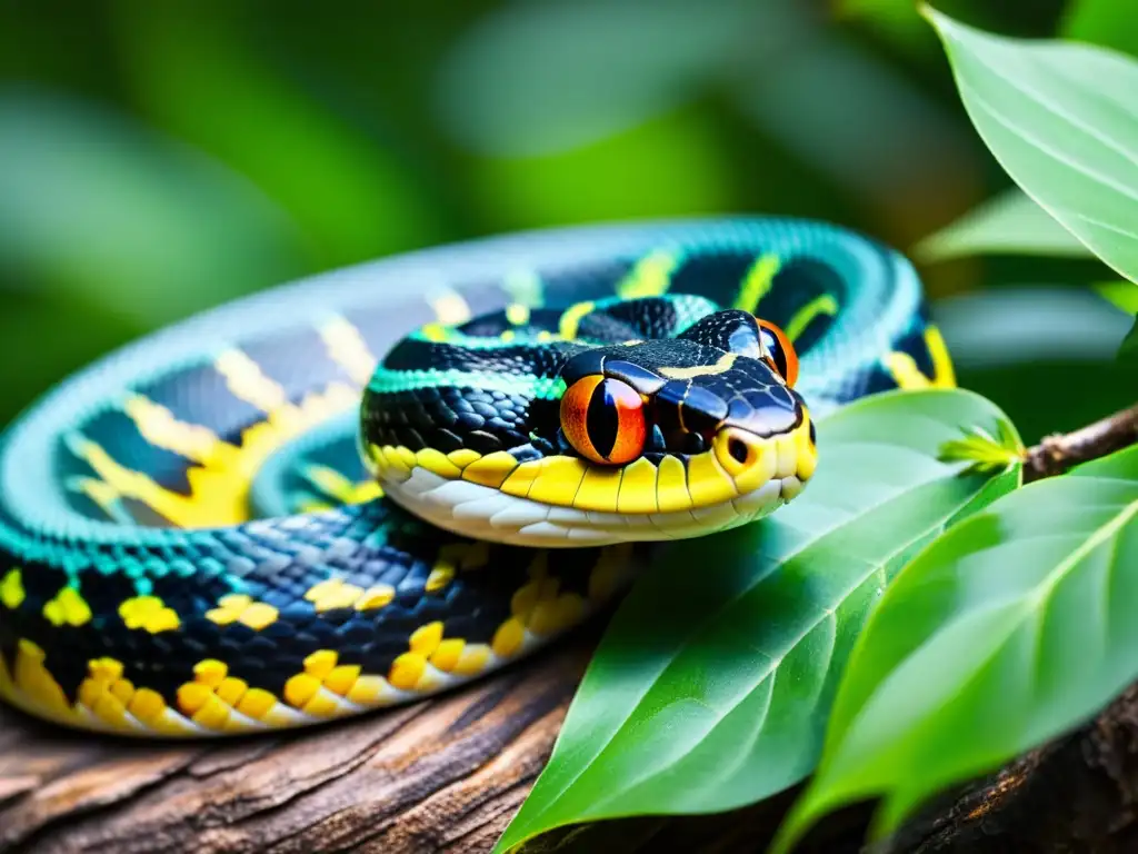 Una serpiente recién descubierta enredada en una rama, con escamas vibrantes y mirada intensa, descubriendo nuevas especies de serpientes