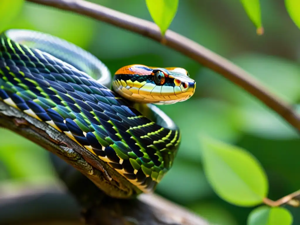 Una serpiente enredada alrededor de una rama, con patrones y texturas asombrosos en sus escamas, bajo la luz del sol filtrada entre las hojas