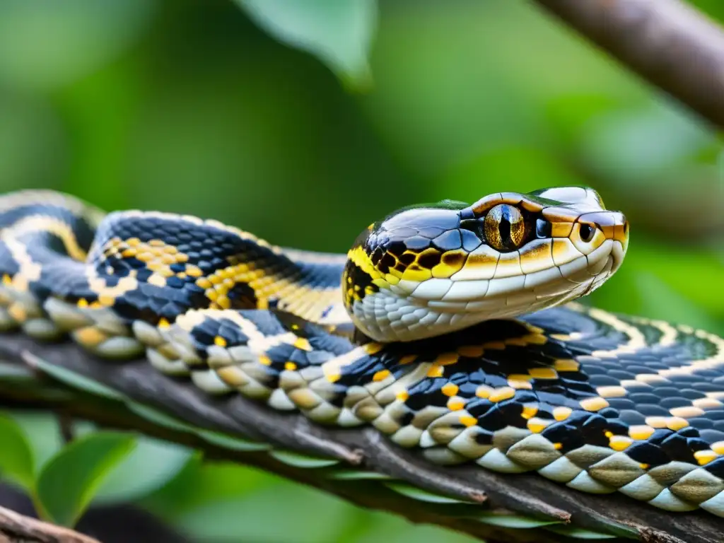 Una serpiente enredada en una rama, devorando un roedor