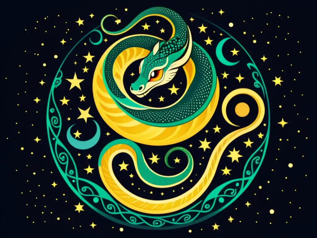 Una ilustración intrincada de una serpiente enroscada con escamas brillantes, sobre un fondo cósmico de estrellas y planetas