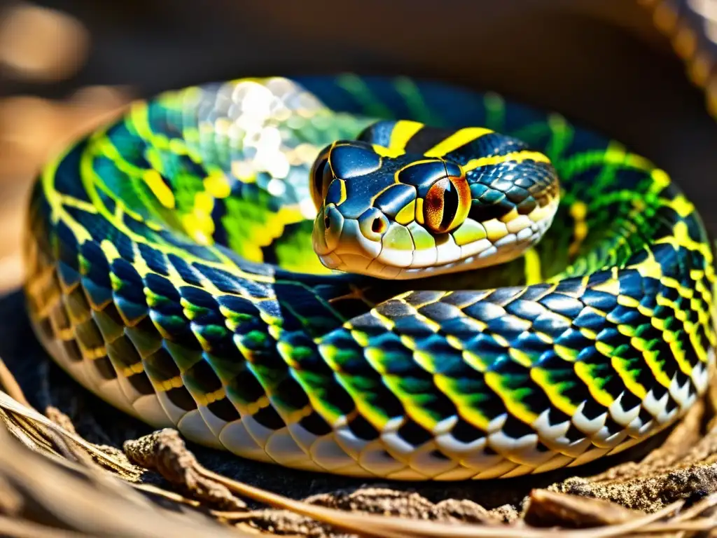 Una serpiente en estivación, enroscada con sus escamas brillantes al sol