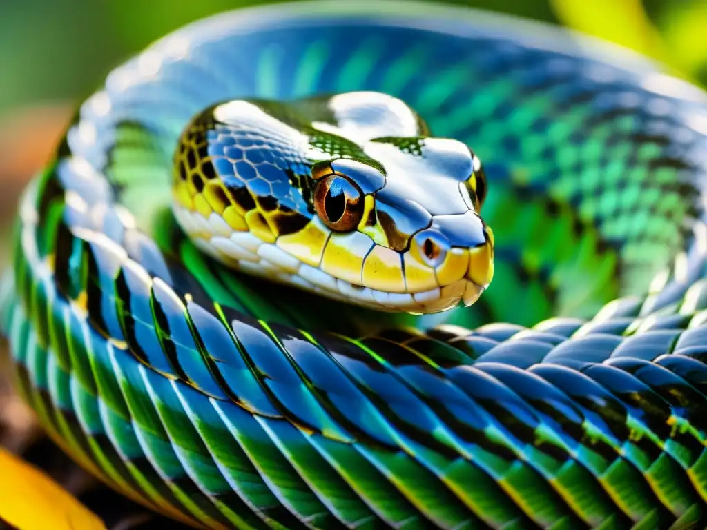 Una serpiente enroscada con escamas vibrantes en un entorno natural, evocando la misteriosa interpretación de serpientes en astrología y mitología