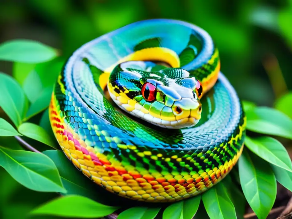 Una serpiente enroscada con escamas vibrantes en su hábitat natural