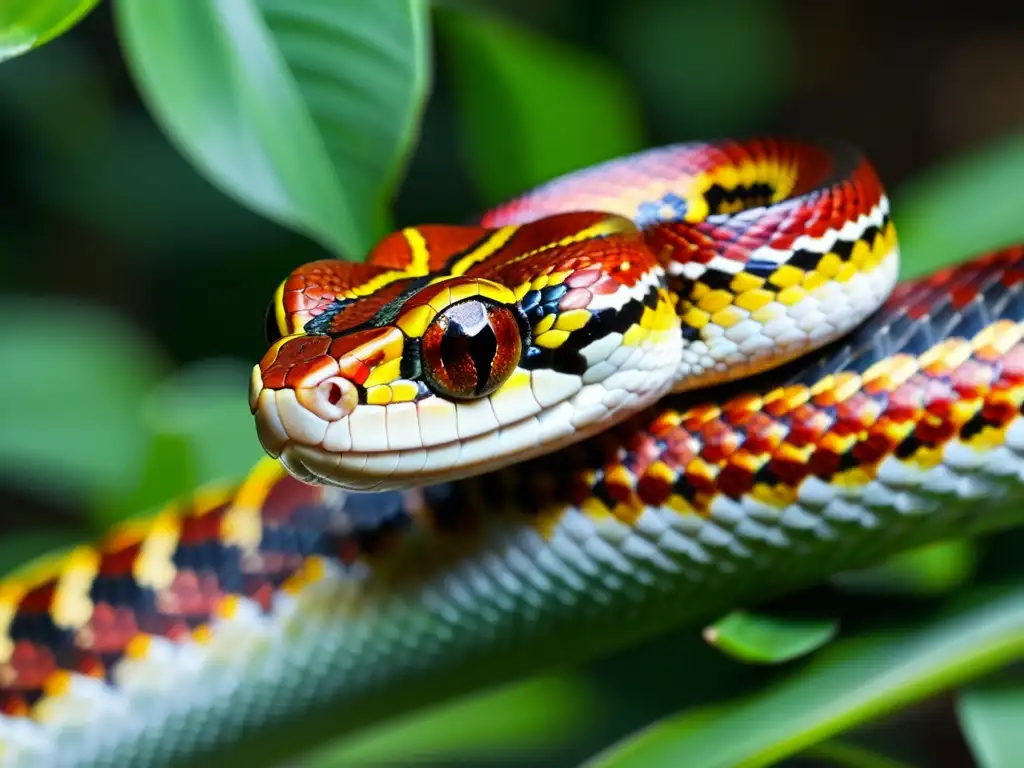 Una serpiente de maíz enroscada en una rama, con escamas vibrantes que van del rojo intenso al amarillo dorado