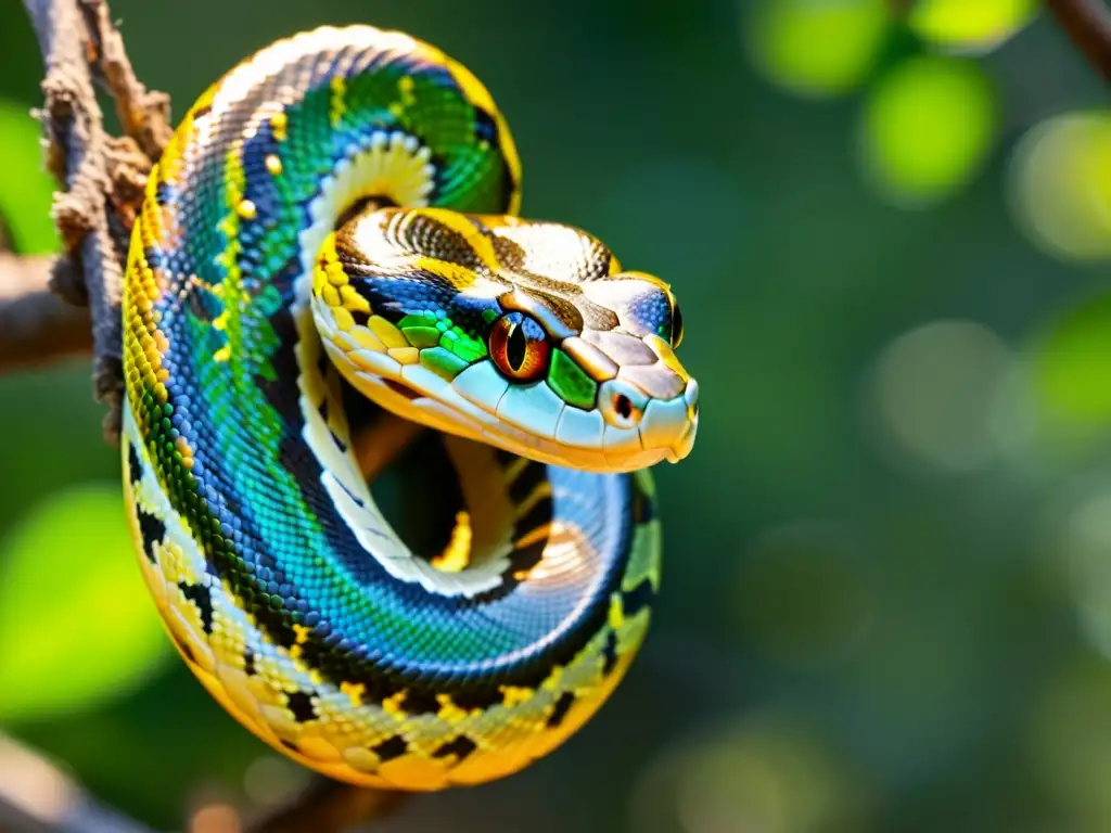 Una serpiente enroscada en una rama, con sus escamas brillantes al sol