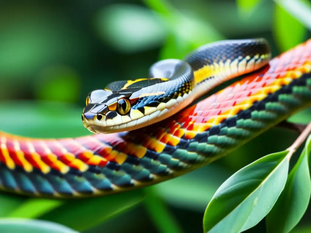 Una serpiente enroscada en una rama, lista para atacar, exhibe la intensidad y naturaleza depredadora de los reptiles en su hábitat natural