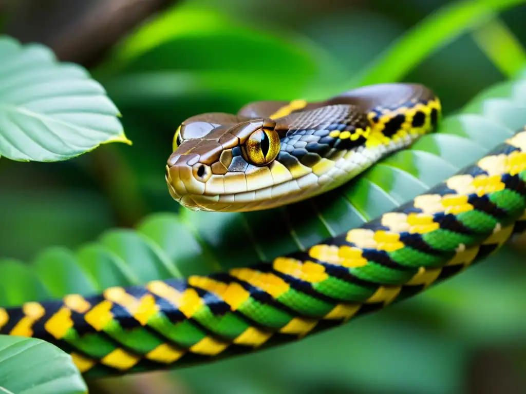 Una serpiente enroscada en una rama en la selva tropical, detalle de sus escamas y mirada intensa