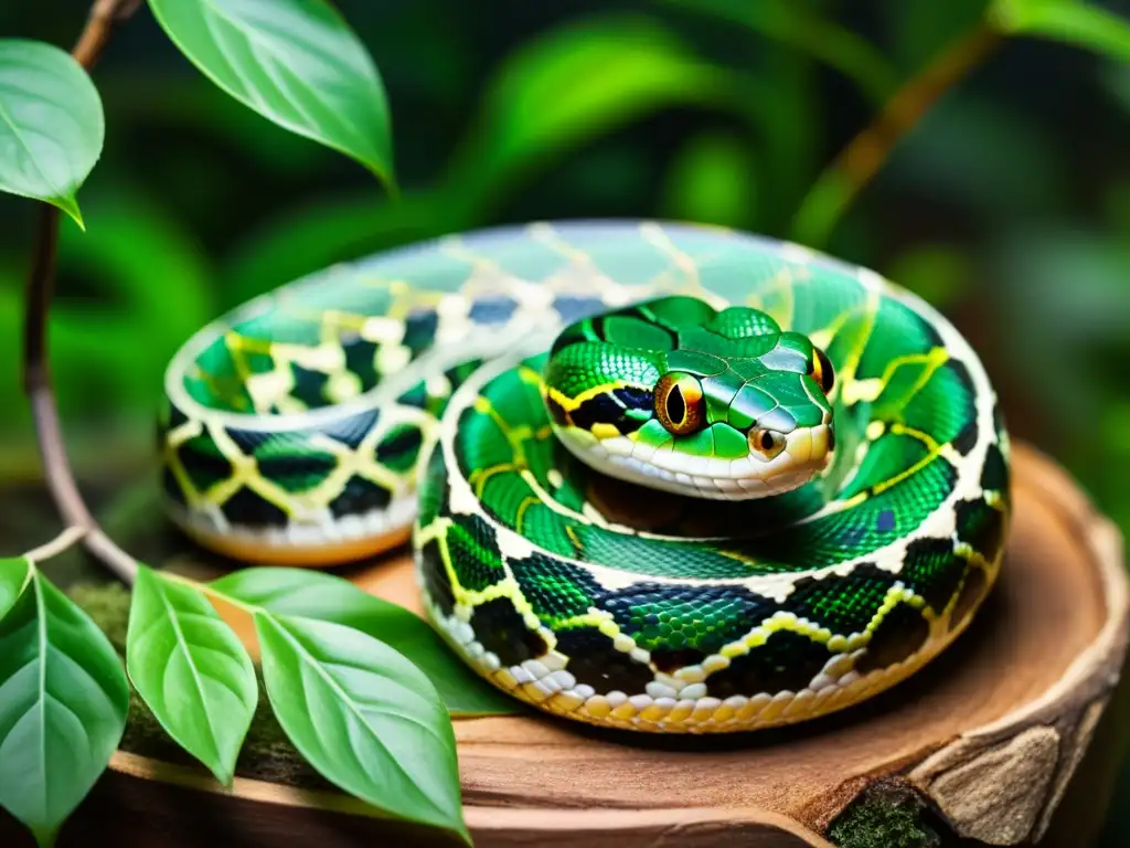 Una serpiente bellamente enroscada en una rama en un terrario, con follaje verde vibrante de fondo