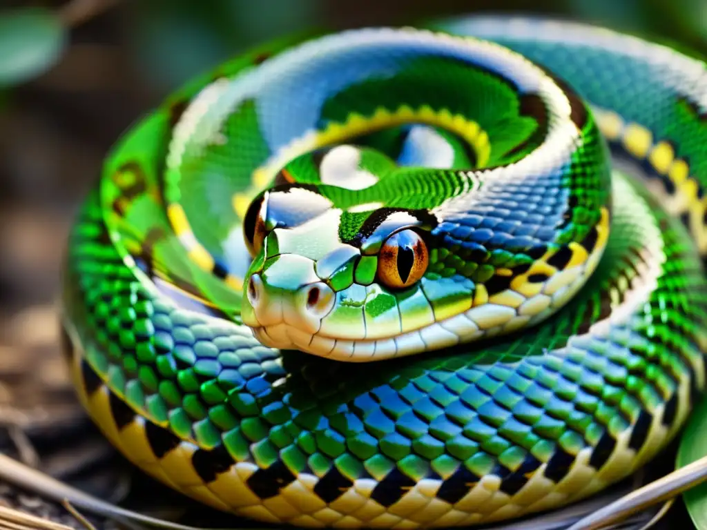 Una serpiente descansando en un entorno natural, mostrando detalles de sus escamas y ojos