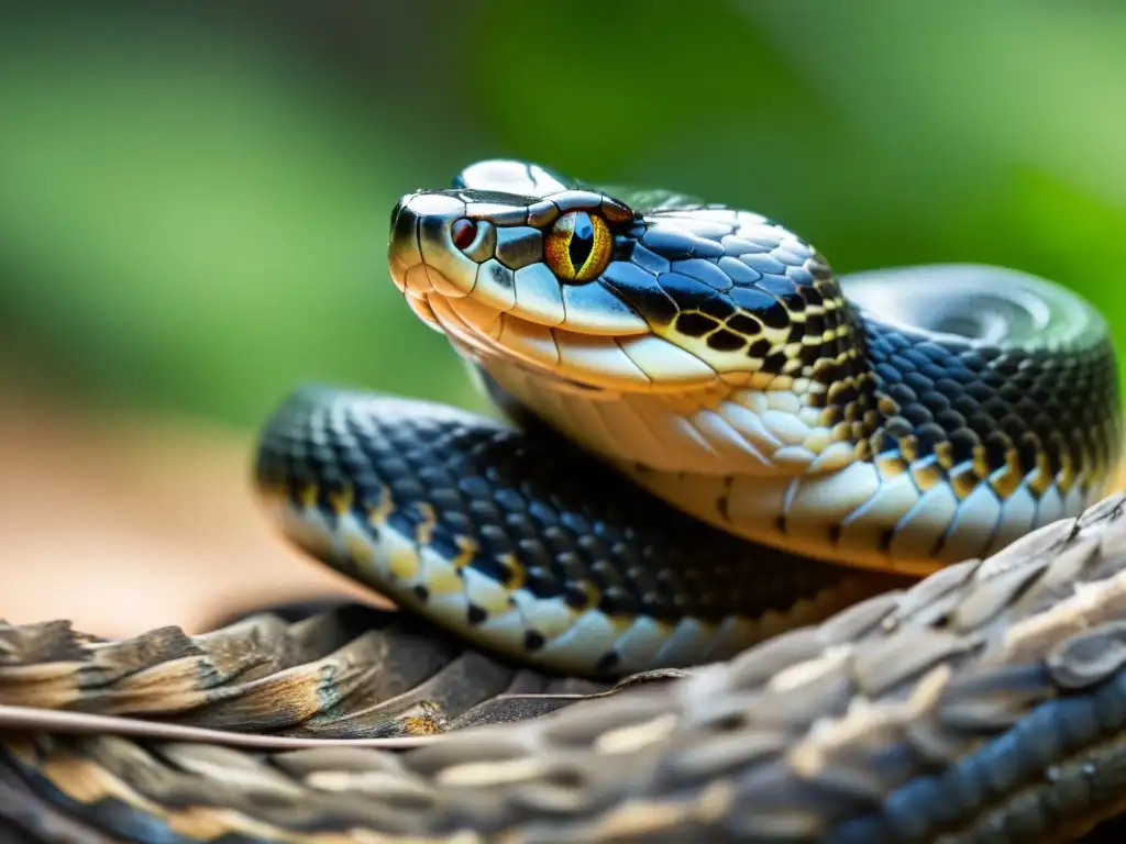 Una serpiente en su entorno natural, con su lengua bífida captando partículas de olor, resaltando su sistema olfativo avanzado reptiles